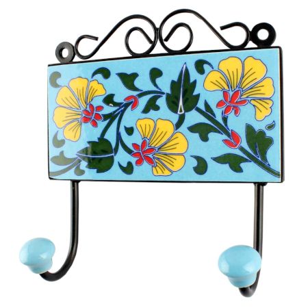 Turquoise Flower Ceramic Tile Hook